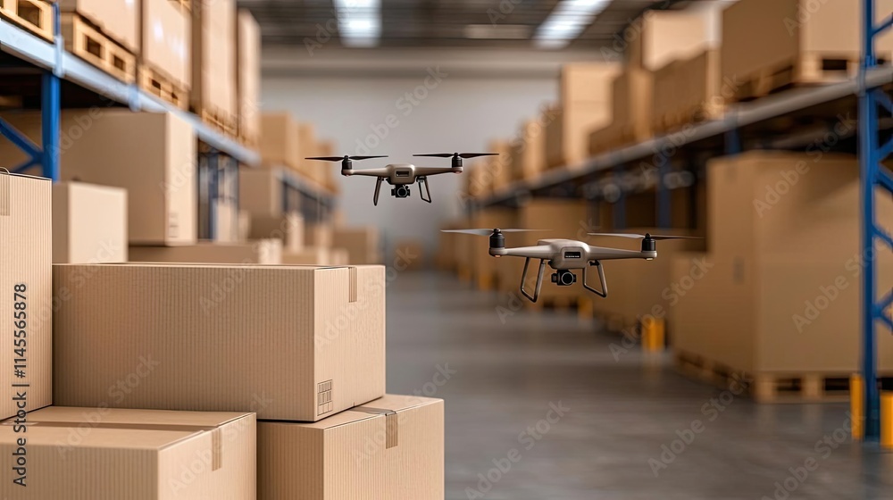 Inventory management idea. Drones flying in a warehouse over stacked cardboard boxes, showcasing modern logistics. Inventory management idea. Drones flying in a warehouse over stacked cardboard boxes, showcasing modern logistics.