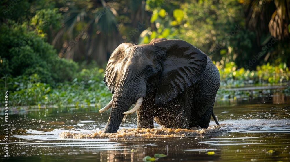 Fototapeta premium A large African elephant walks through a shallow body of water, its trunk raised.