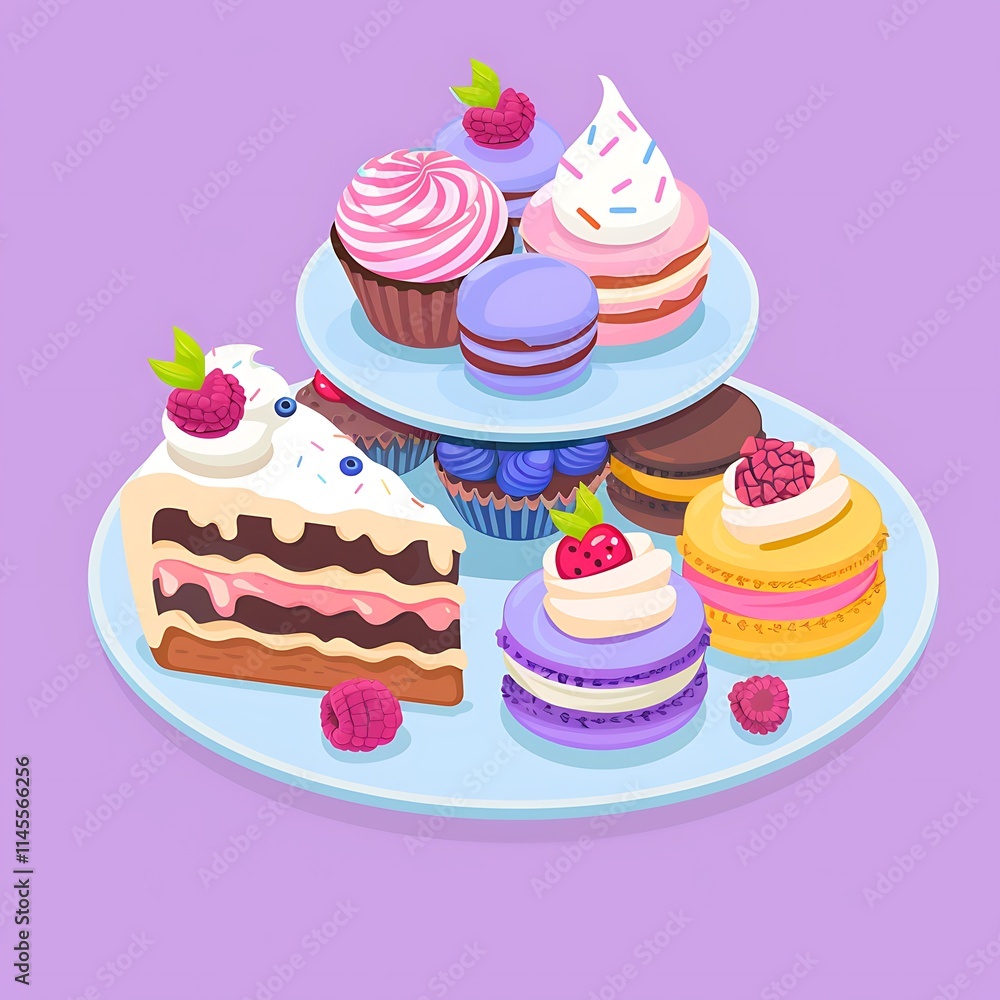 Flat design concept of a dessert platter with cupcakes, macarons, and a slice of cake, accented with vibrant colors. 8k UHD, suitable for high-quality printing or digital display. Flat design concept of a dessert platter with cupcakes, macarons, and a slice of cake, accented with vibrant colors. 8k UHD, suitable for high-quality printing or digital display.