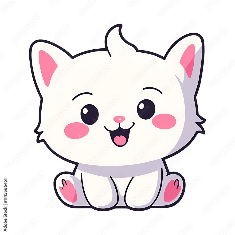 Adorable cartoon white kitten with big eyes and rosy cheeks, sitting happily. Perfect for children's products, greeting cards, and pet-themed designs. Adorable cartoon white kitten with big eyes and rosy cheeks, sitting happily. Perfect for children's products, greeting cards, and pet-themed designs.