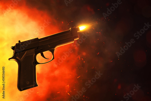 Flying gun shooting on dark smoke background photo