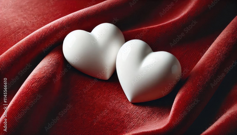 Fototapeta premium Two White Ceramic Hearts on Smooth Red Velvet Background