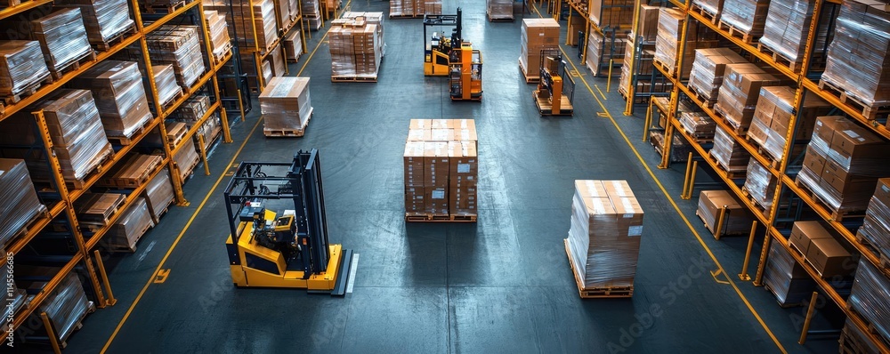 Inventory management idea. Aerial view of a busy warehouse with forklifts moving pallets and organized storage. Inventory management idea. Aerial view of a busy warehouse with forklifts moving pallets and organized storage.