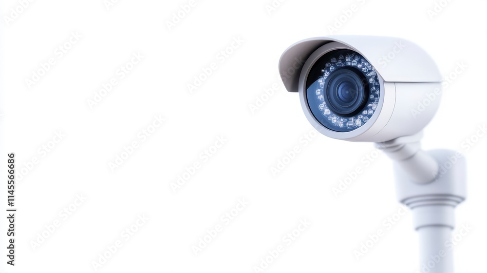 A modern security camera mounted on a wall, designed for surveillance, with a sleek, white exterior and a clear lens. A modern security camera mounted on a wall, designed for surveillance, with a sleek, white exterior and a clear lens.