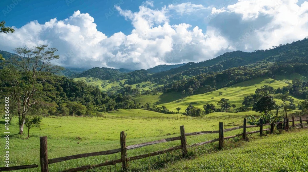 Lush Green Pasture with Wooden Fence and Scenic Mountain View Lush Green Pasture with Wooden Fence and Scenic Mountain View