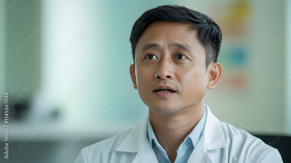 A focused doctor in a lab coat looks thoughtfully, conveying professionalism and concern in a clinical setting. A focused doctor in a lab coat looks thoughtfully, conveying professionalism and concern in a clinical setting.