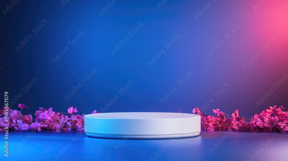 Empty round cylinder platform podium for product or cosmetics presentation on blue color background Empty round cylinder platform podium for product or cosmetics presentation on blue color background
