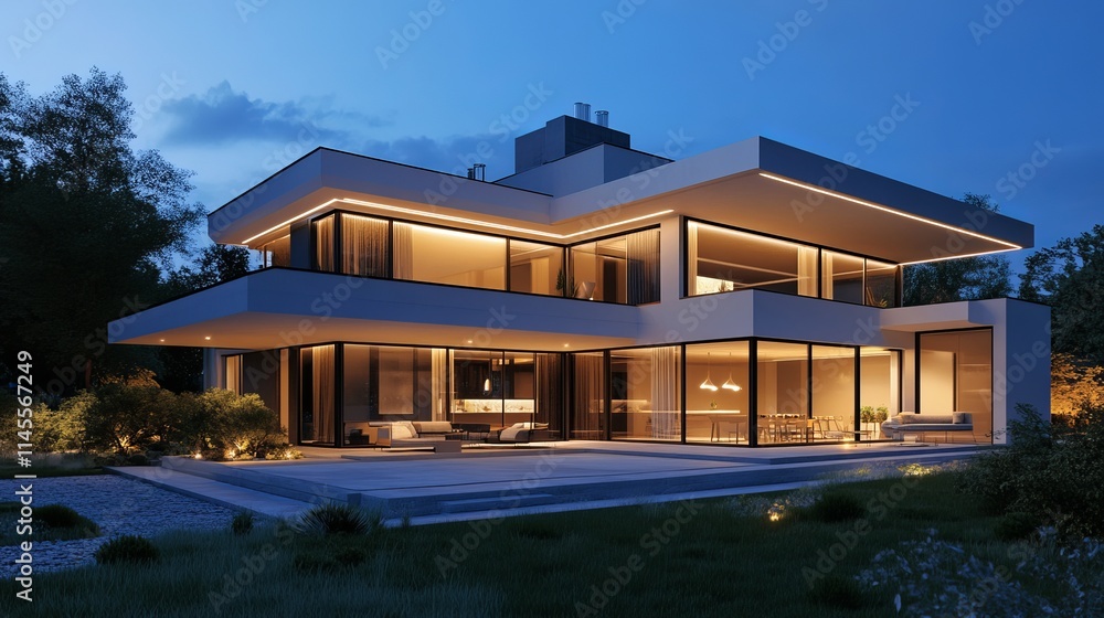 Fototapeta premium At night, the modern villa is illuminated by colored LED lights. There is no one inside.