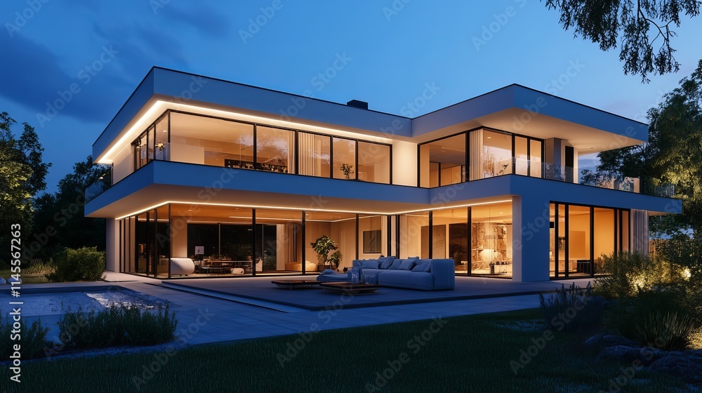 Fototapeta premium At night, the modern villa is illuminated by colored LED lights. There is no one inside.