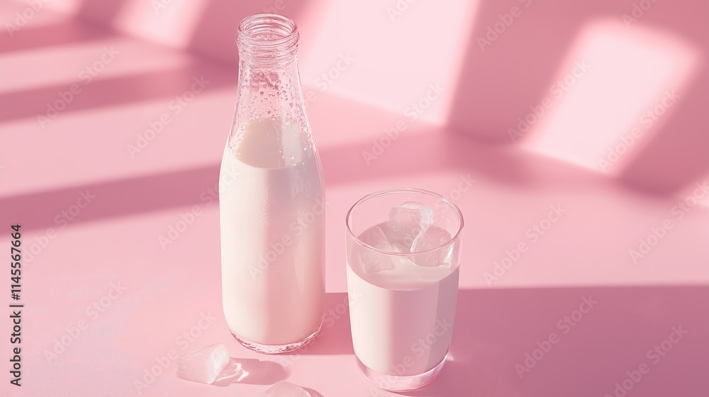 A chilled milk bottle and glass on a pink backdrop evoke freshness and simplicity. A chilled milk bottle and glass on a pink backdrop evoke freshness and simplicity.