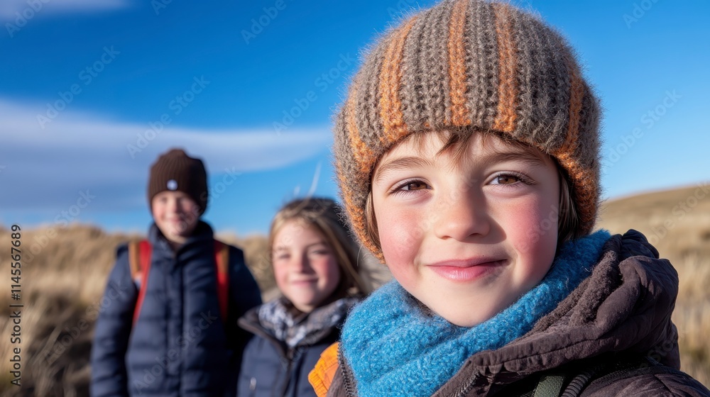A joyful group of children outdoors, wearing winter clothing and hats, smiling against a scenic backdrop. A joyful group of children outdoors, wearing winter clothing and hats, smiling against a scenic backdrop.
