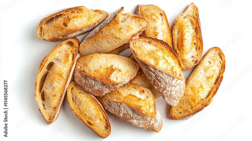 Fresh bread pieces are isolated on a white background from above. Fresh bread pieces are isolated on a white background from above.