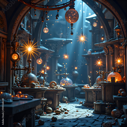 Enchanting alchemist s workshop filled with glowing orbs and magical elements, 3d render of fantasy interior concept. photo