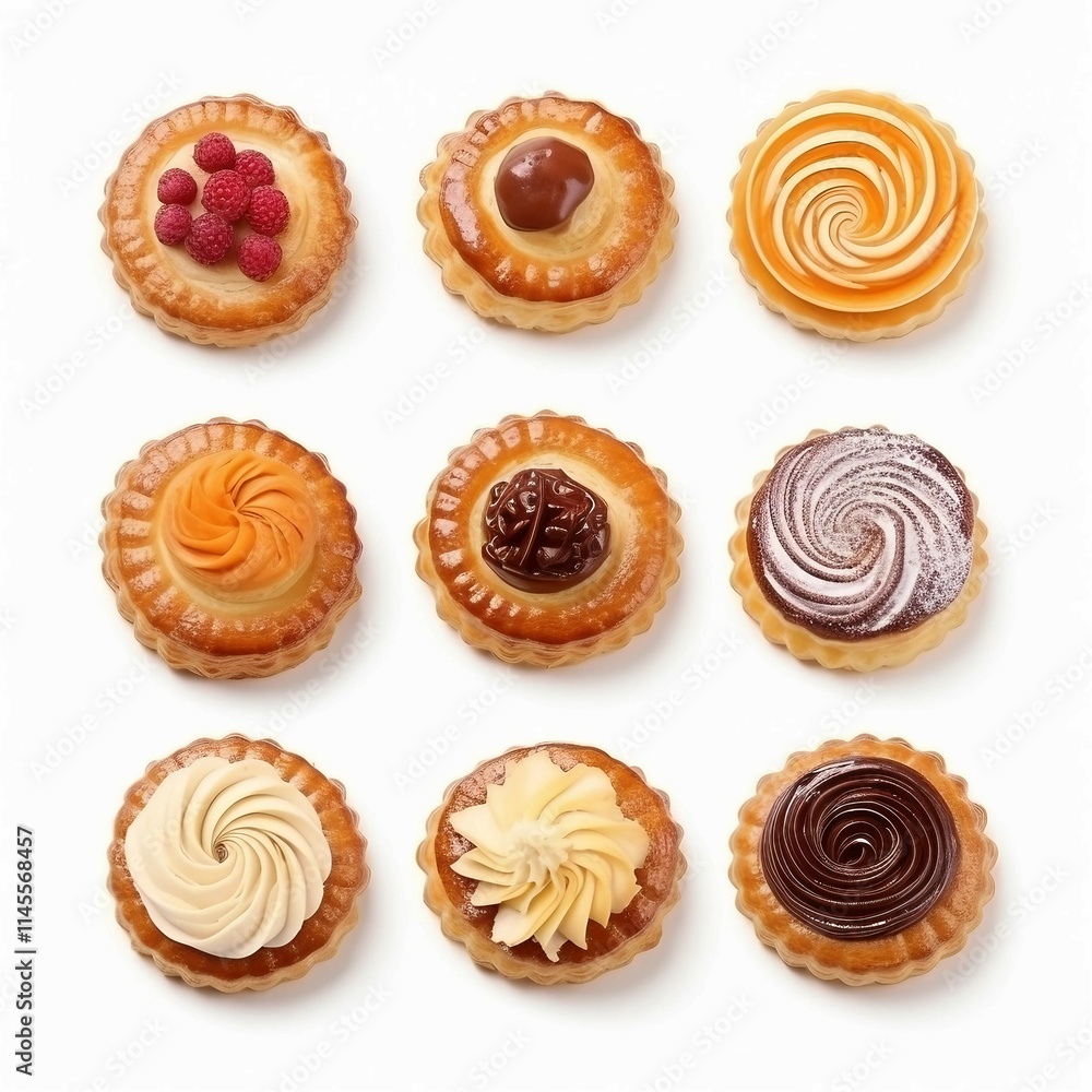 Delicious Pastry, Isolated on white background, flat lay Delicious Pastry, Isolated on white background, flat lay