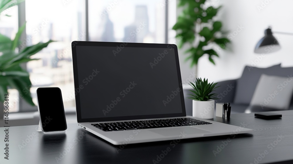 modern gadgets including smartphone and laptop mockup displayed in sleek home office setup modern gadgets including smartphone and laptop mockup displayed in sleek home office setup