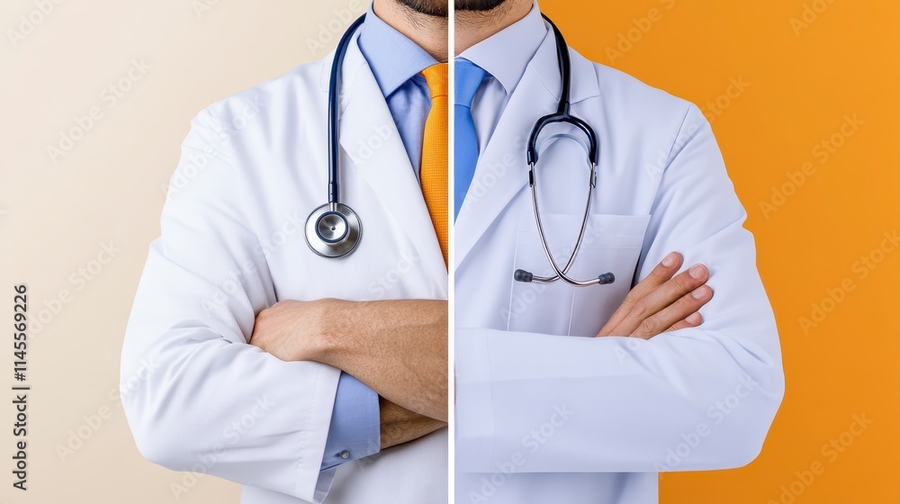 A divided image of a doctor in a white coat, arms crossed, showcasing professionalism against contrasting backgrounds. A divided image of a doctor in a white coat, arms crossed, showcasing professionalism against contrasting backgrounds.