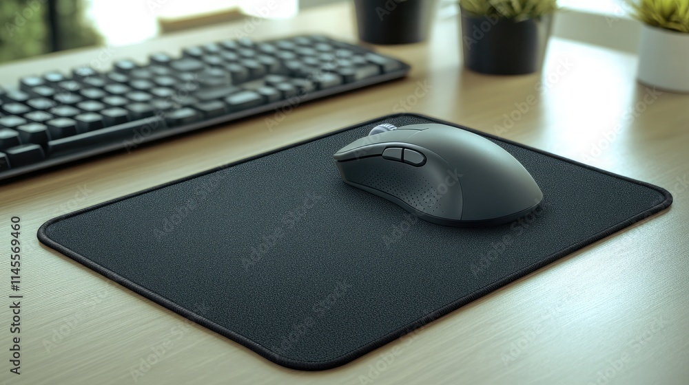 Modern Workspace Setup Featuring a Black Computer Mouse on a Dark Mouse Pad Alongside a Keyboard and Potted Plants with Soft Natural Light Modern Workspace Setup Featuring a Black Computer Mouse on a Dark Mouse Pad Alongside a Keyboard and Potted Plants with Soft Natural Light