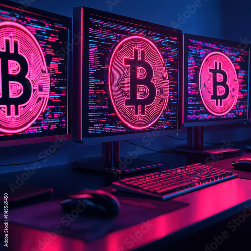 Scammer crime online concept. Cybercrime syndicate operating from a hidden digital vault, neon-lit monitors displaying hacked bank accounts and glowing cryptocurrency streams