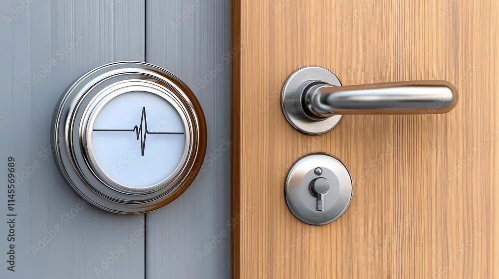 Obraz premium A modern door with a sleek handle and a round, decorative doorbell with a pulse graphic, set against a wooden panel.