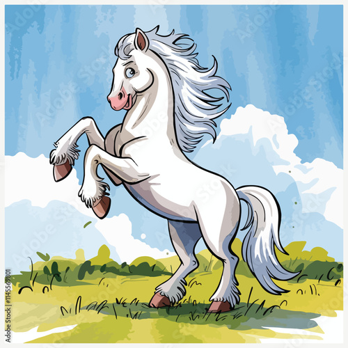 Watercolor vector of a cartoon white stallion animation, isolated on a white background, white stallion animation