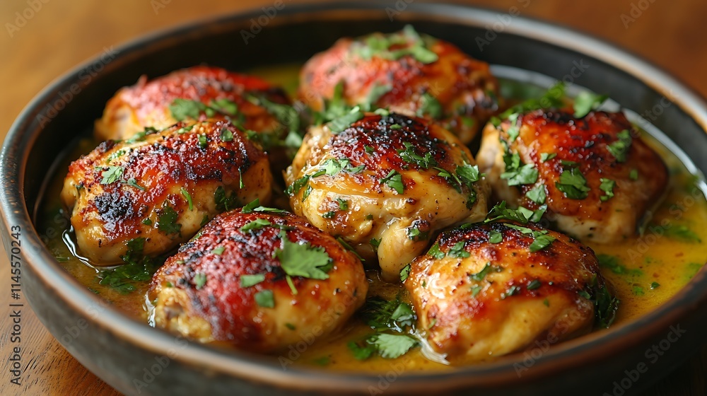 Glazed Chicken Thighs In A Savory Sauce Garnish With Herbs Glazed Chicken Thighs In A Savory Sauce Garnish With Herbs