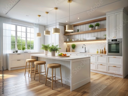 Scandinavian White Kitchen 3D Render: Modern Minimalist Design, Clean Lines, Bright Space
