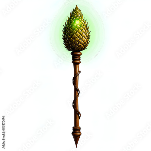 Mystical staff with pinecone top radiating enchantment and energy in a surreal fantasy setting, digital art of fantasy item design concept. photo