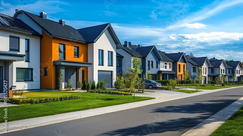 family residences on terraces in a recently constructed housing complex. The suburban real estate market. brand-new single-family homes in a brand-new neighborhood. residences.