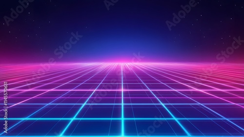 Futuristic neon grid landscape digital world abstract art virtual reality aerial view technology concept