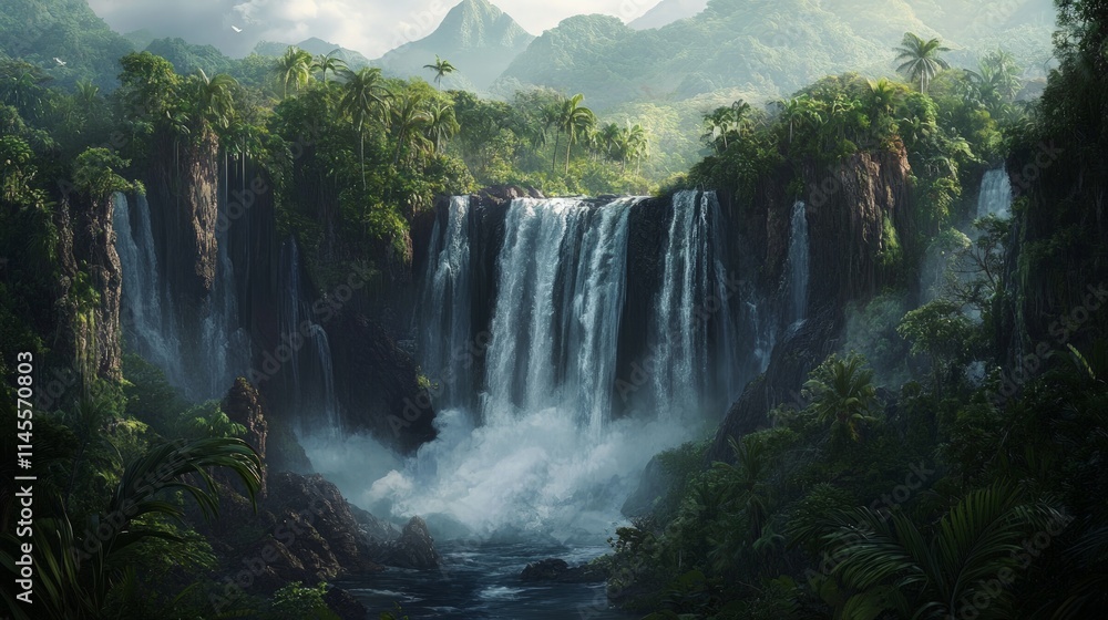 Massive Waterfall with Thunderous Water Flow in Lush Green Landscape Massive Waterfall with Thunderous Water Flow in Lush Green Landscape