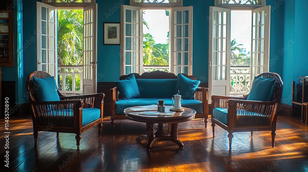 Fototapeta premium Bright and Cozy Living Room with Tropical Décor and Natural Light Streaming Through Open Windows