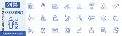 Assessment web icons in line style. Assessment, evaluation, analysis, inspection, recruitment, interview, result, audit and more. Vector illustration.