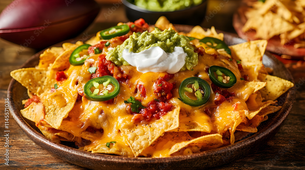 Plate of nachos overloaded with melted cheese, jalapenos, sour cream, and guacamole on tortilla chips. Plate of nachos overloaded with melted cheese, jalapenos, sour cream, and guacamole on tortilla chips.