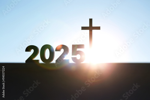 Canvas Print Bright rising sun and new year 2025 sunrise and shining holy cross of jesus chri