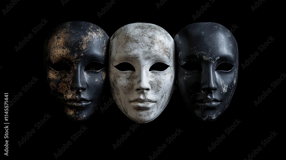 A latex mask with three faces set on a black backdrop. A latex mask with three faces set on a black backdrop.