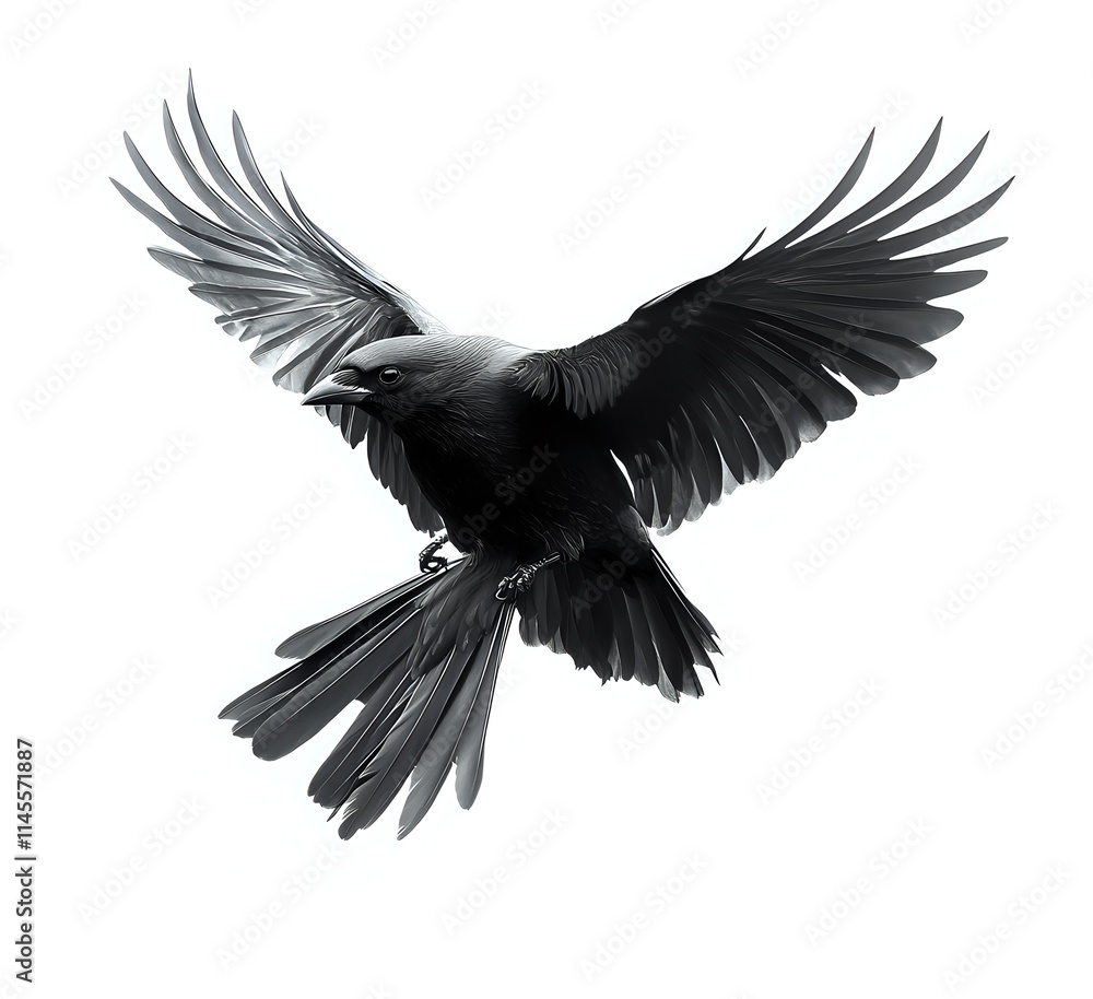 Obraz premium Majestic Bird Soaring Gracefully Through Air, Wings Spread Wide in Flight, Dark Feathers, Black and White Photography, Avian Beauty, Wildlife, Nature, Freedom, Power, Flight, Wings, Feathers, 