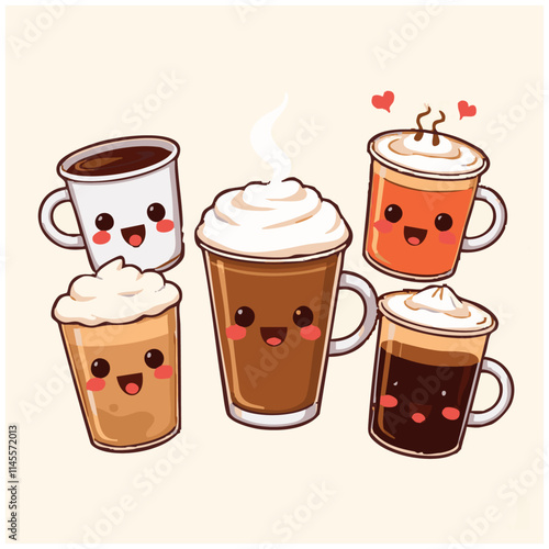 A group of ute lovely adorable coffee cups cartoon illustration 