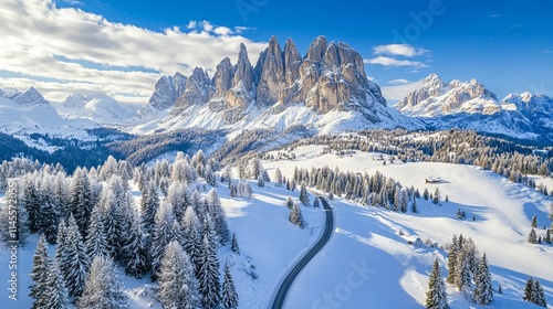 top-down aerial picture of a road, trees, and snow-covered mountains. Dolomites, Italy. 
