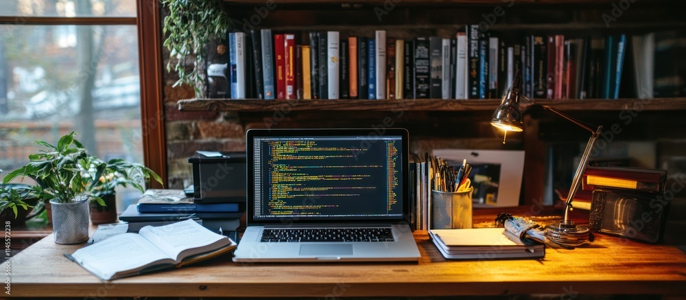 A laptop with code on the screen sits on a desk with a book open, a plant, and a lamp. A laptop with code on the screen sits on a desk with a book open, a plant, and a lamp.