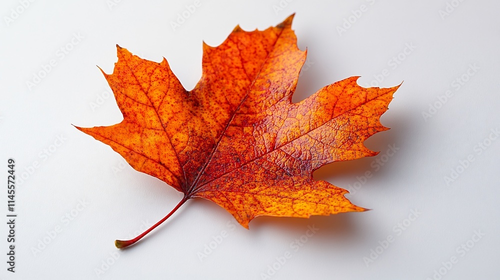 Fototapeta premium Single autumn leaf in bright orange hues isolated on a white background natural and minimalist design