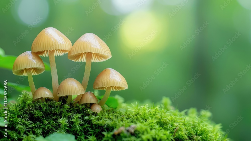 Macro natural concept. A cluster of delicate mushrooms growing on lush, green moss in a serene forest setting. Macro natural concept. A cluster of delicate mushrooms growing on lush, green moss in a serene forest setting.