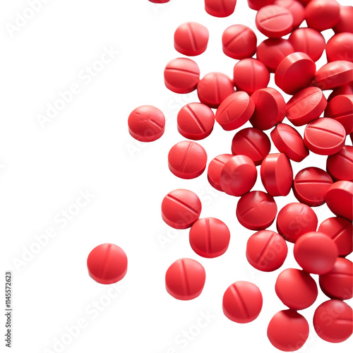 Vibrant red pills on white background flat lay, pharmaceutical supplement banner template for healthcare ads, medicine capsule product display, isolated drug concept for medical marketing visuals