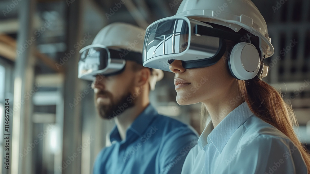 Professional workers wearing virtual reality headsets in modern industrial environment focusing on advanced technology and immersive experiences Professional workers wearing virtual reality headsets in modern industrial environment focusing on advanced technology and immersive experiences