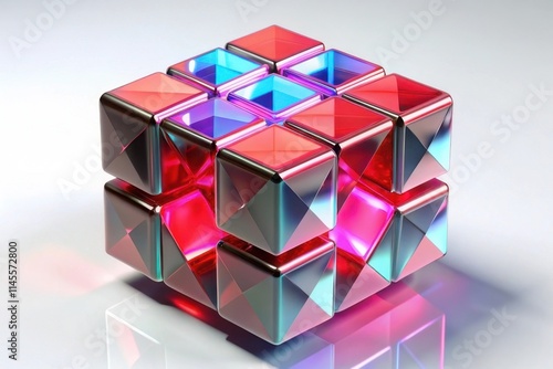 A vibrant, multi-colored geometric puzzle with a glossy finish, showcasing illuminated pyramidal shapes in red, blue, and purple hues. photo