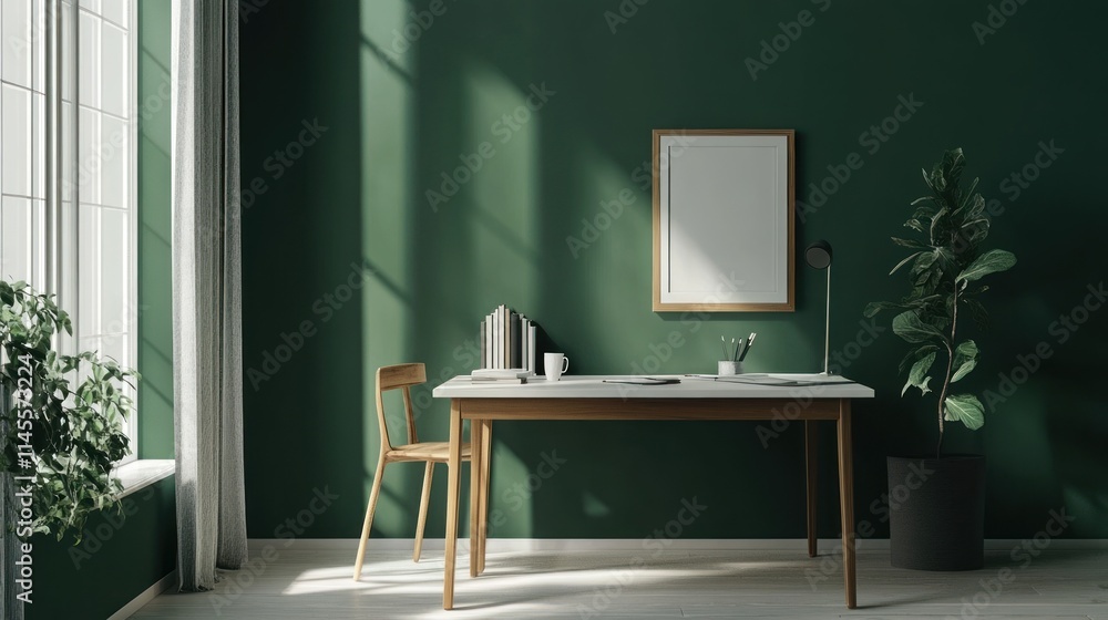Serene Home Office with Green Walls and Natural Light Serene Home Office with Green Walls and Natural Light