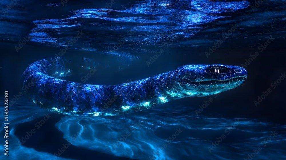 Underwater exploration of the mystical blue eel in a dark aquatic environment surreal mood and dreamlike atmosphere Underwater exploration of the mystical blue eel in a dark aquatic environment surreal mood and dreamlike atmosphere