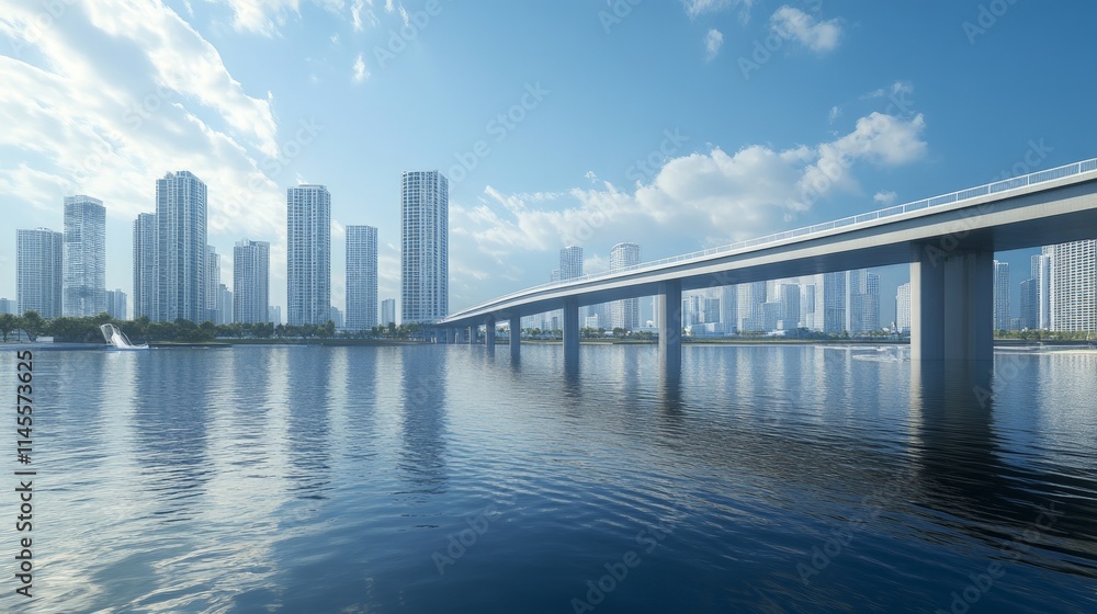 Modern Bridge Spanning Wide River Under Clear Blue Sky Modern Bridge Spanning Wide River Under Clear Blue Sky