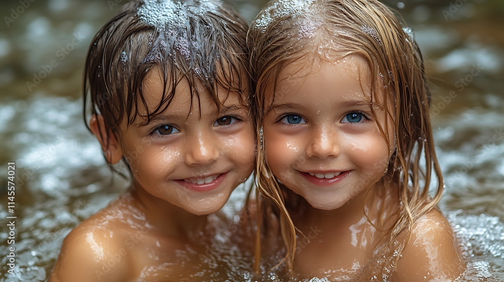 Two happy children enjoy a refreshing water bath Two happy children enjoy a refreshing water bath