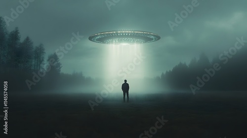 A man stands in the middle of an open field, looking up at a large UFO with lights shining down on him from above. The sky is dark and foggy, creating a mysterious atmosphere around them photo