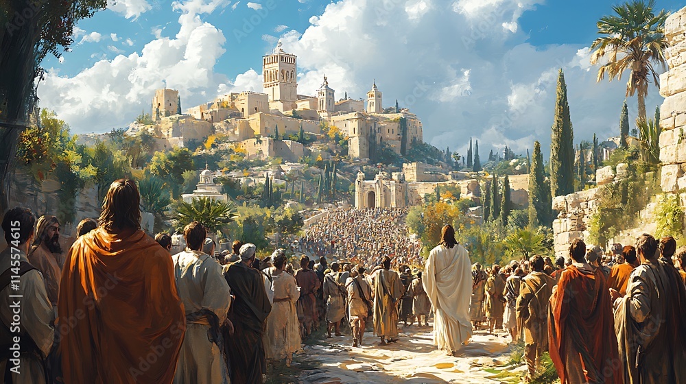 Naklejka premium Jesus and his followers approach a city on a hill